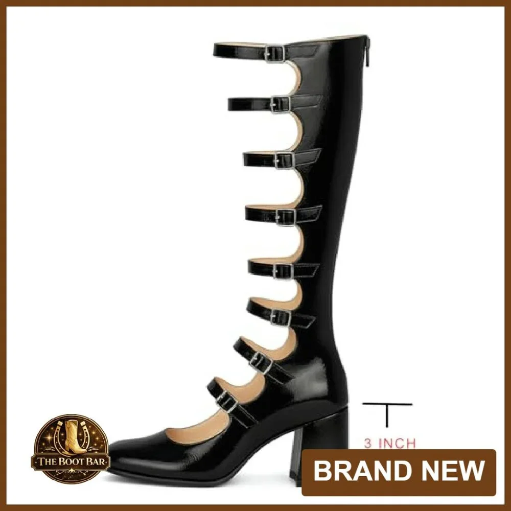 Knee High Chunky Heel Combat Boots with Buckles Back Zip Square Toe - Picture 5 of 8